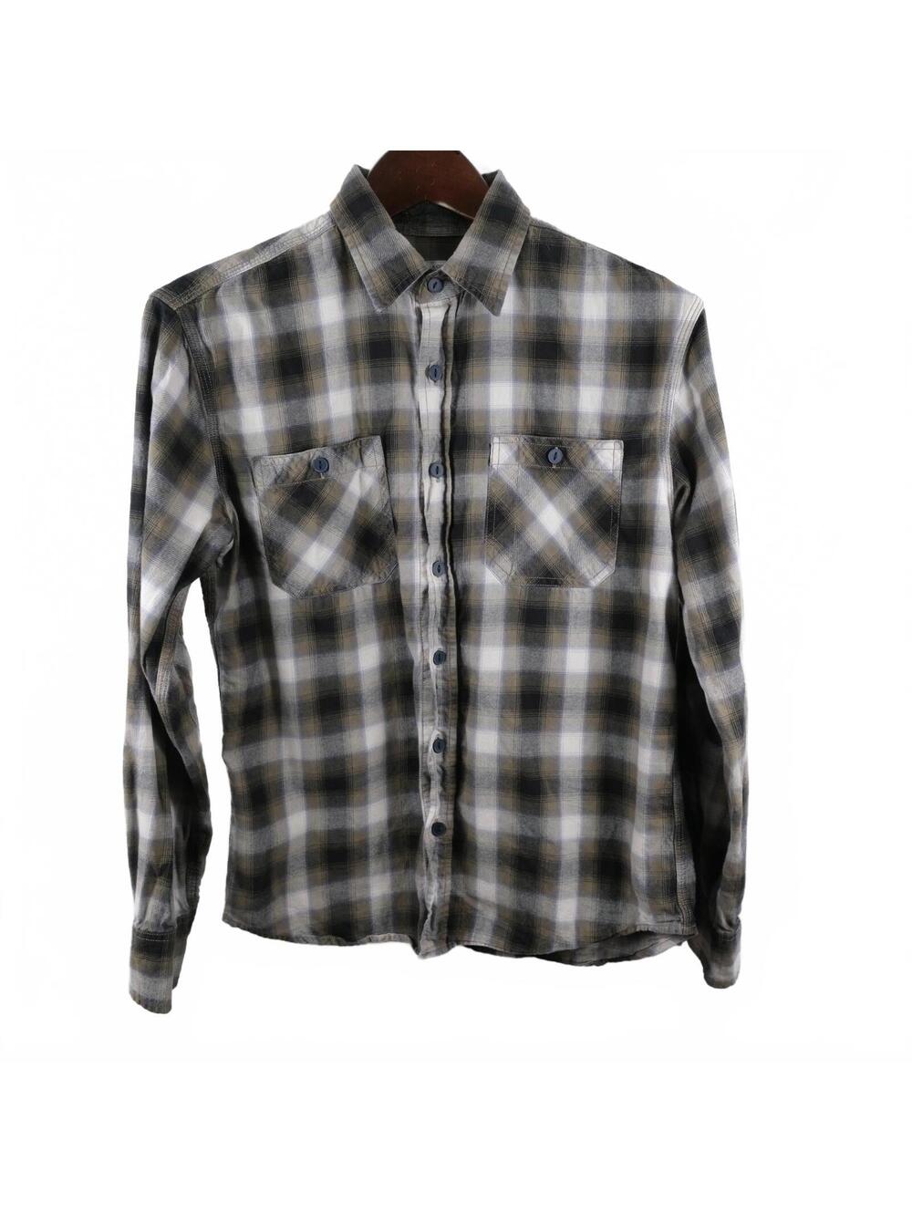 Mango Blacksmith & Co Mens Regular Fit Button Up Black Taupe Plaid Shirt XXS
